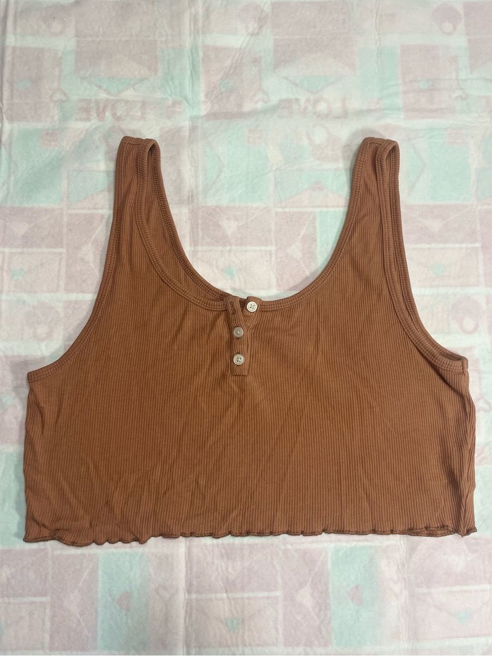 American Eagle Brown Ribbed Henley Cropped Tank Top Size M